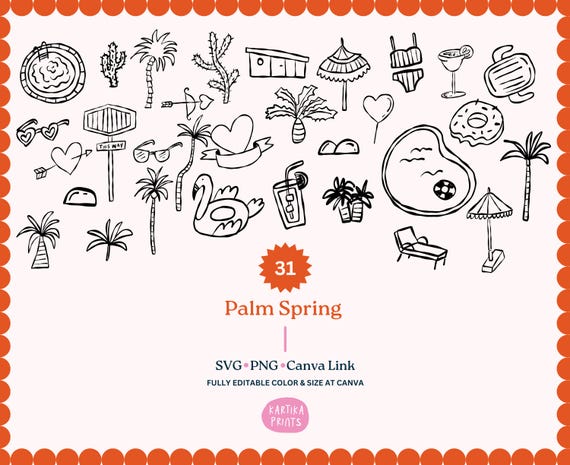 Palm Springs Wedding Illustration Bundle: Hand-Drawn Invitation Clipart (SVG, PNG, Canva Editable)