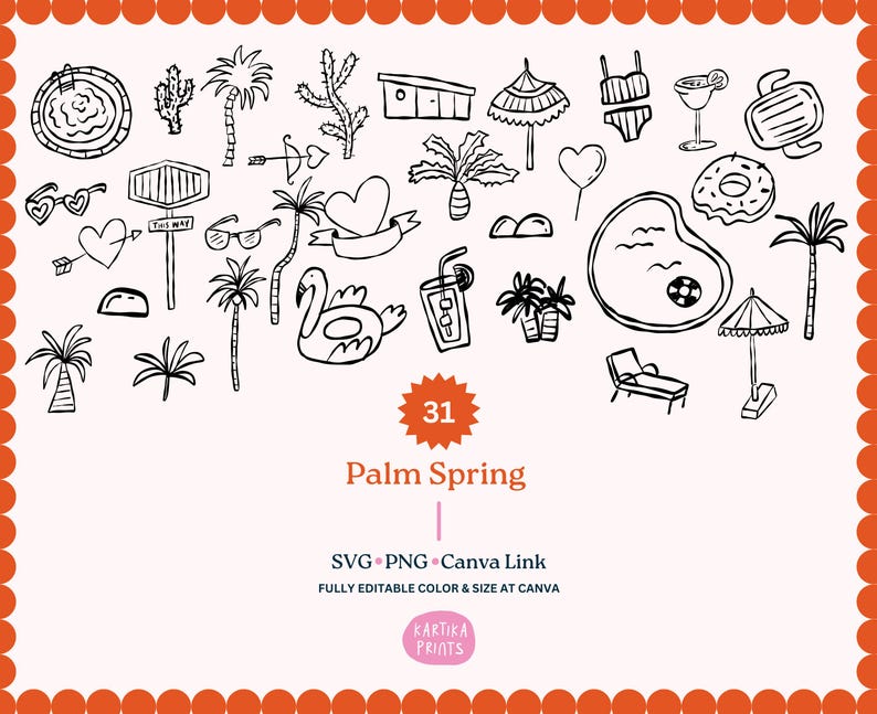 Enhance your designs with our bundle of 31 hand-drawn Palm Spring wedding invitation assets, editable in Canva. Perfect for wedding invitations, gala dinners, or engagement parties, adding a personal touch to any event
