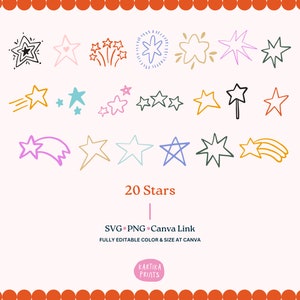 Pacote de ilustração de estrelas SVG PNG pacote - contorno de estrelas desenhado à mão, desenho de estrelas clipart, arte de linha de estrelas ícone caprichoso