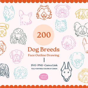 Dog Breed Face Illustration SVG PNG Bundle - Hand Drawn Dog Face Outline, Clipart For Tattoo Design, Line Art Type of Dogs Cut File Drawing
