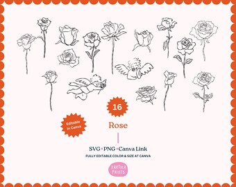 Hand Drawn Rose Clipart – Floral SVG PNG Bundle, Wedding Invitation (Canva Editable)