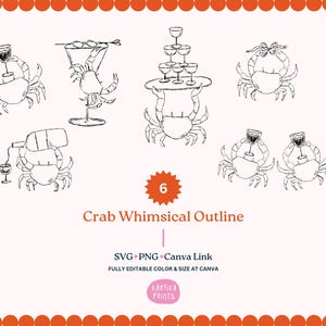 ウェディングパーティー招待状用の手描きのアウトラインカニイラストバンドルSVG PNG、イタリア地中海ウェディングメニュー要素クリップアート