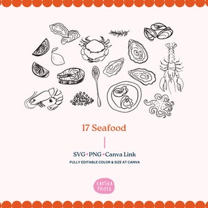 Ilustração de frutos do mar SVG PNG Bundle - Contorno de peixe desenhado à mão, desenho de sardinhas clipart, camarão ostra esboço linha arte ícone caprichoso