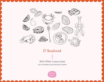 Hand-Drawn Seafood Illustration Bundle: Fish, Shrimp, Oyster SVG PNG (Digital Download)