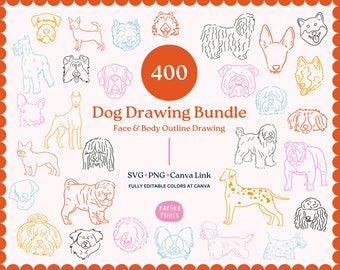 Op de afbeelding: Een set van 400 hondenschetsen in verschillende kleuren en poses. De tekeningen omvatten zowel volledige lichamen als alleen gezichten. De tekst "Dog Drawing Bundle" en "Face & Body Outline Drawing" is in de afbeelding opgenomen.