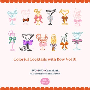 Pacchetto Cocktail disegnati a mano con illustrazione dell'arco SVG PNG, contorni di cocktail colorati disegnati a mano, cocktail e clip art con nastro