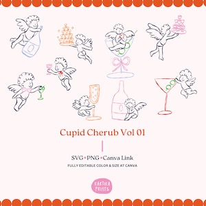 Pacote desenhado à mão contorno cupido querubim ilustração para convite de casamento SVG PNG, elementos de convite de festa, clipart de convite de casamento