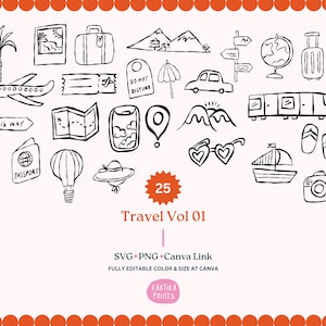 Pacote de ilustração de contorno desenhado à mão para itinerário de casamento de viagem SVG PNG, elementos de convite de festa, clipart de convite de casamento