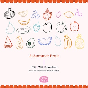 Pacote Ilustração de frutas de verão SVG PNG Pacote - Contorno de frutas desenhado à mão, Desenho de frutas clipart, Frutas tropicais Esboço de linha artística Doodle