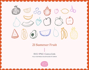 Hand-Drawn Summer Fruit SVG PNG Clipart Bundle: Tropical Line Art Canva Editable