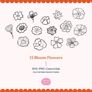 Bundle Floral Illustration SVG PNG Bundle - Hand Drawn Flower Clipart, Drawing Flower For Wedding Invitation Card Icon Whimsical