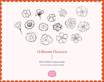 Floral Outline Illustration Bundle: Hand-Drawn Flower SVG PNG Clipart (Digital Download)