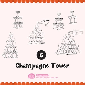 Pacchetto disegnato a mano Champagne Tower Outline Illustration SVG PNG, Cheers Outline disegnato a mano, ClipArt di invito a nozze