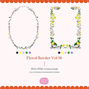 Hand Drawn Floral Border Frame Illustration SVG PNG, Wavy Border with Floral in PNG, Hand Drawn Doodle Frame, Bow Border and Floral