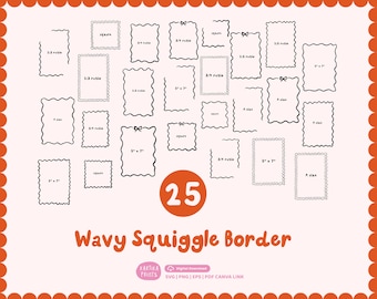 Bundle Hand Drawn Wavy Squiggle Border Frame Illustration SVG PNG, Wavy Border with Bow in PNG, Swirl and Scalloped Doodle Border