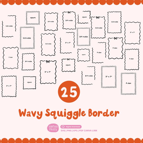 Bundle Hand Drawn Wavy Squiggle Border Frame Illustration SVG PNG, Wavy Border with Bow in PNG, Swirl and Scalloped Doodle Border