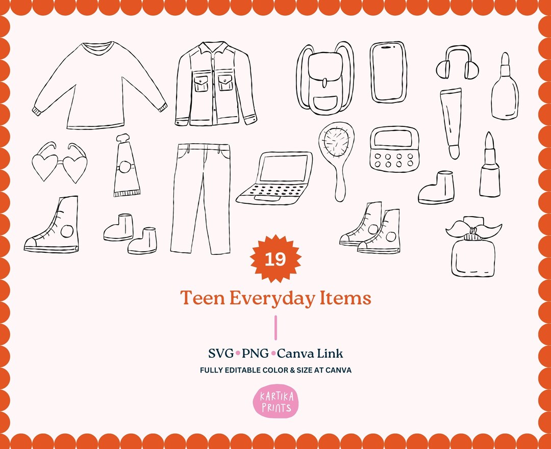 Bundle Hand Drawn Outline Illustration for Teen Everyday Items SVG PNG ...