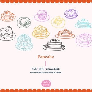 Pacote Panqueca Americana SVG PNG | Pacote mão desenhada panqueca ilustração café da manhã | Conjunto de ícones do menu do restaurante | Conjunto de panqueca Clipart