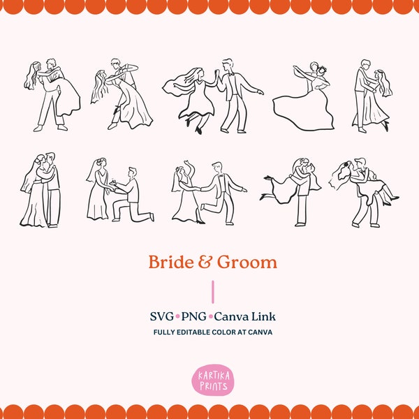 Bundle Bride and Groom Dancing Illustration SVG PNG, Hand Drawn Wedding Invitation Icon Clip Art, Rehearsal Card Whimsical Unique
