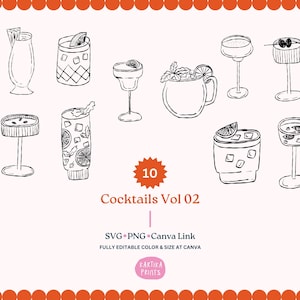 Pacchetto di illustrazioni di cocktail disegnati a mano in formato SVG PNG, contorni di cocktail disegnati a mano, clipart di cocktail