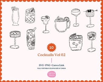 Cocktail Hand Drawn Illustrations: Drinks Clipart Bundle (PNG SVG ...
