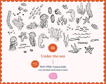 Coastal Wedding Illustration Clip Art, Sea Creatures (SVG, PNG)