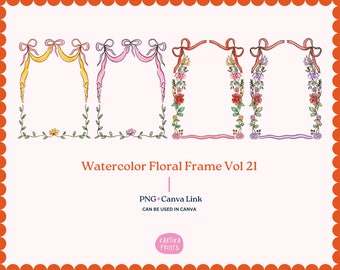 May include: Watercolor floral frame designs in yellow, pink, red, and purple. Each frame features a ribbon at the top and floral accents along the sides. The text "Watercolor Floral Frame Vol 21" is displayed below the frames.