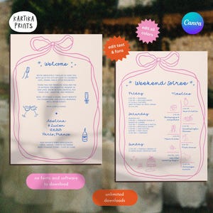 Plantilla de Canva para carta de bienvenida y cronograma de boda caprichosa / itinerario de boda con lazo dibujado a mano / Eventos de fin de semana en Italia / 0001