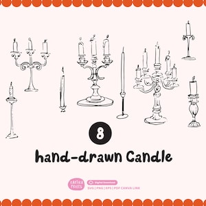 Handgezeichnete Kerze Bundle Illustration SVG PNG | Handgezeichnet Kerze Clip Art Gliederung für Hochzeitseinladung | Wunderliche Kerze-Icon