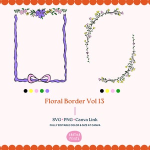 Hand Drawn Floral Border Frame Illustration SVG PNG, Wavy Border with Floral in PNG, Hand Drawn Doodle Frame, Bow Border and Floral
