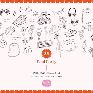 Ilustração de festa na piscina SVG PNG pacote - contorno de piscina desenhado à mão, desenho de festa clipart, festa na piscina esboço linha arte ícone caprichoso