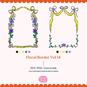 Hand Drawn Floral Border Frame Illustration SVG PNG, Wavy Border with Floral in PNG, Hand Drawn Doodle Frame, Bow Border and Floral