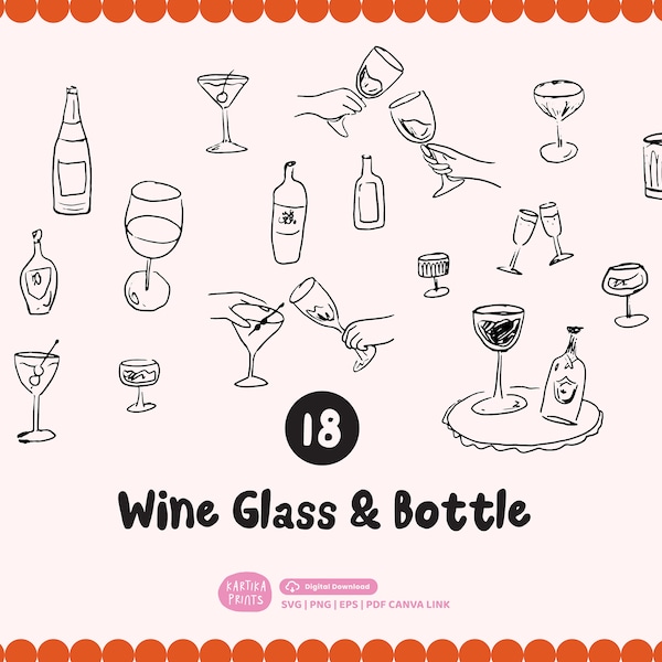 Bundle Hand Drawn Wine Glass and Bottle Outline Illustration SVG PNG, Cheers Outline Hand Drawn, Pouring Wine Clip Art