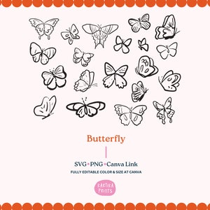 Pacote de ilustração de borboleta SVG PNG - clipart de borboleta de inseto desenhado à mão, esboço de borboleta, desenho de contorno de borboleta