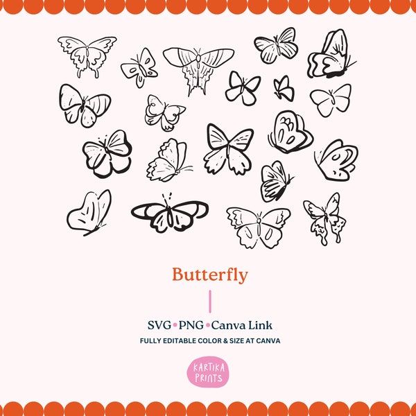 Butterfly Illustration Bundle SVG PNG - Hand Drawn Insect Butterfly Clipart, Butterfly Sketch, Drawing Butterfly Outline