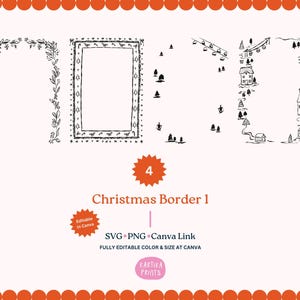 May include: A collection of four black and white Christmas border designs. The designs include floral arches, rectangular frames, and winter scenes with houses and ski lifts. The image also includes the text "Christmas Border 1" and "Editable in Canva".
