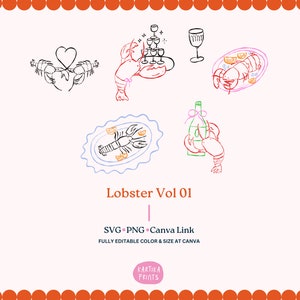 Pacote desenhado à mão ilustração de lagosta para convite de casamento SVG PNG, elementos de convite de festa, clipart de convite de casamento