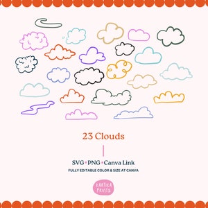 Pacote de ilustração de nuvens SVG PNG pacote - contorno de nuvens desenhadas à mão, desenho de clipart de nuvem, ícone caprichoso de arte de linha de nuvem