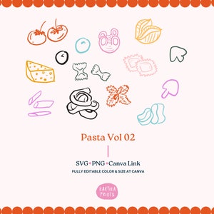 Pasta illustratie SVG PNG bundel - Hand getekend Italiaans eten overzicht, Spaghetti Clipart, Penne en Fettuccine Sketch Line Art tekenen