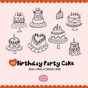 手描きの誕生日パーティーケーキバンドル SVG PNG、ブライダルケーキバンドル、パーティーケーキバンドルクリップアート、ウェディングケーキ落書きバンドル