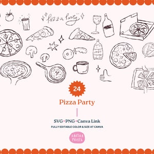 Ilustração de festa de pizza SVG PNG pacote - contorno de pizza desenhado à mão, desenho de bule clipart, esboço de festa de pizza linha arte ícone caprichoso