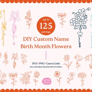 Benutzerdefinierte Name Geburt Monat Blumen Bundle | Personalisiertes Geschenk Blume Botanisches SVG-Bundle | Geburtsblume für Geschenk, Muttertag, Geburtstag