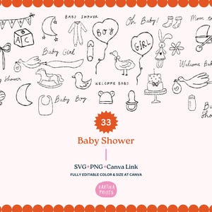 手描きベビーシャワーアウトラインイラストSVG PNG、パーティー招待状要素、出産のお知らせクリップアート、保育園クリップアート
