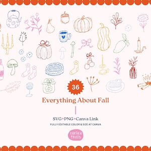 Whimsical Fall and Autumn Hand Drawn Outline Illustration SVG PNG, Thanksgiving Party Invitation Elements Clip Art