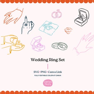 Pacote de anéis de casamento desenhados à mão SVG PNG - Anel de diamante de dedo de casamento clipart, ícone de anéis de noivado, arquivo de corte de anel de noiva