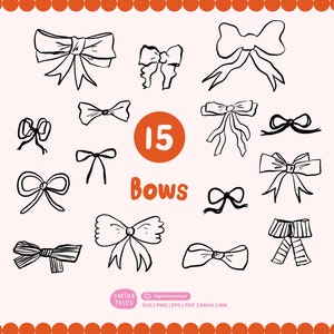 Hand Drawn Bows Illustration Bundle SVG PNG - Whimsical Bow Clip Art Outline Icon For Wedding Invitation, Drawing Ribbon Cut File