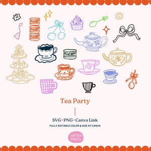 Ilustração de festa de chá SVG PNG pacote - contorno de xícara de chá desenhado à mão, desenho de bule clipart, coquete chá festa esboço linha arte ícone caprichoso