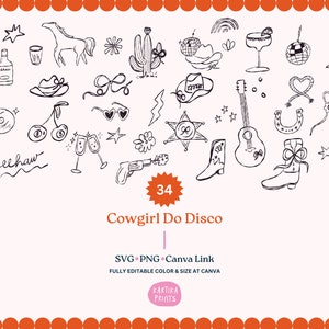 Pacote desenhado à mão disco cowgirl contorno ilustração SVG PNG, elementos de convite de festa, clipart ocidental