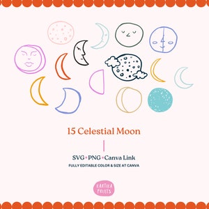 Pacote Ilustração da Lua Celestial SVG PNG Pacote - Contorno da Lua Desenhado à Mão, Desenho da Lua Clipart, Arte da Linha da Lua Ícone Excêntrico