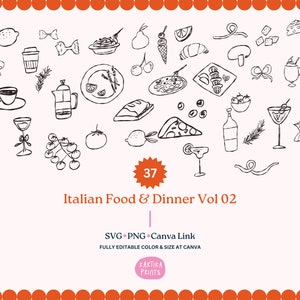 Italiaans eten en diner illustratie SVG PNG-bundel - Hand getrokken Italiaanse Fod schets tekening clipart, diner schets lijntekeningen grillige pictogram